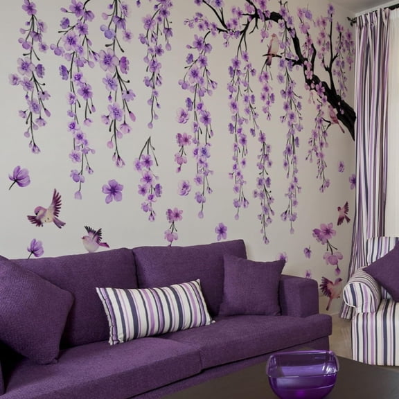 Plant Wall Decoration Large Cherry Blossom Tree Wall Stickers,4 Sheets Spring Purple Flower Bird Wall Decals Peel and Stick Wall Murals Decor for Living Room Bedroom (Purple, 11.8 * 35.4inch)