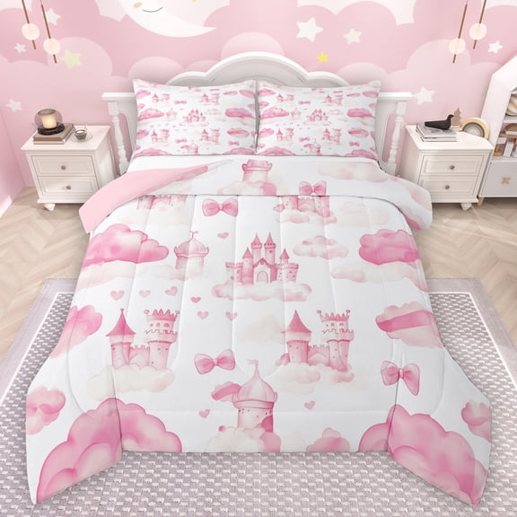 Manfei Cartoon Princess Castle Bedding Comforter Set,Fairy Tale Theme Twin Comforter Sets,Pink White Bedding Set For Girls,Super Cozy Room Decor Reversible,2pcs