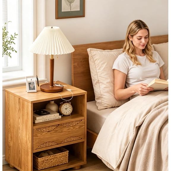 Purfeel Home Mid Century Modern Rattan Nightstand with Charging Station, 2 USB Ports & 2 Outlets, Bedside Table with Drawer & Open Storage, Farmhouse End Table
