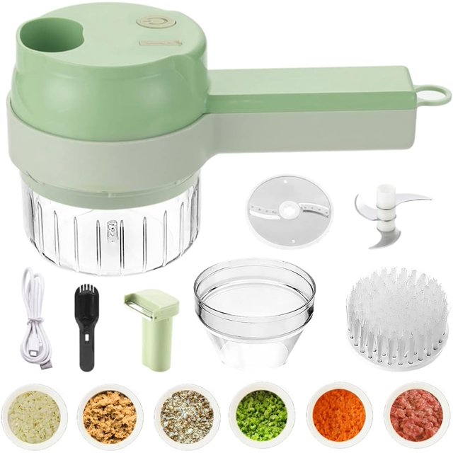 Juego de cortadora de verduras eléctrica 4 en 1, cortadora de ajo de mano, picadora de alimentos multifuncional, portátil, recargable