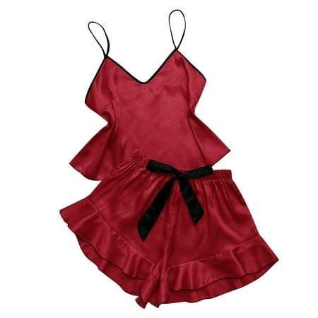 

Womens Summer Silk Satin Pajamas Sets Sexy 2 Piece Lace Spaghetti Strap Cami Tops and Shorts Lingerie Set Sleepwear Ladies Clothes