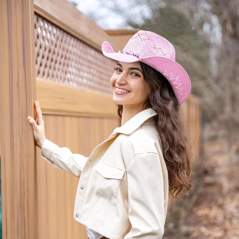 Straw Pink Cowgirl Hat for Women, Shapeable, Spring and  display picture 1