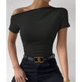 thumbnail image 6 of off the Shoulder Tops for Women Going Out Summer Top Short Sleeve T Shirts Asymmetrical Blouses Black S, 6 of 7