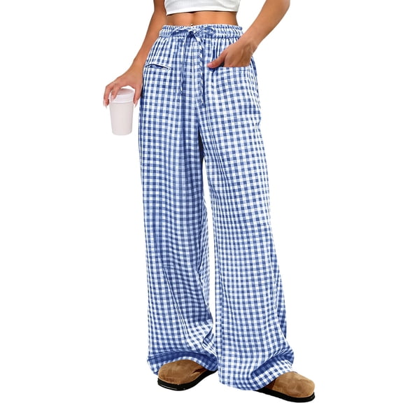 Womens Striped Gingham Pants Wide Leg High Waisted Lounge Plaid Pajama Pants Cute Casual Trousers with Pockets Blue 2XL