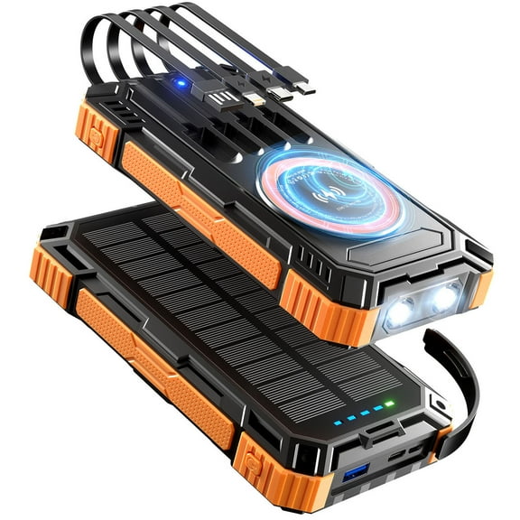 Solar Charger Power Bank 49800mAh 22.5W Portable Charger, 15W Wireless Charging QC 3.0 Fast Charging with LED Flashlight, Built-in 4 Cables