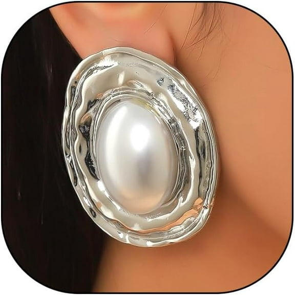 Vintage Pearl Earrings for Women Chunky Gold Geometric Oval Pearl Stud Earrings Exaggerated Textured Round Statement Earrings Trendy Jewelry Presents