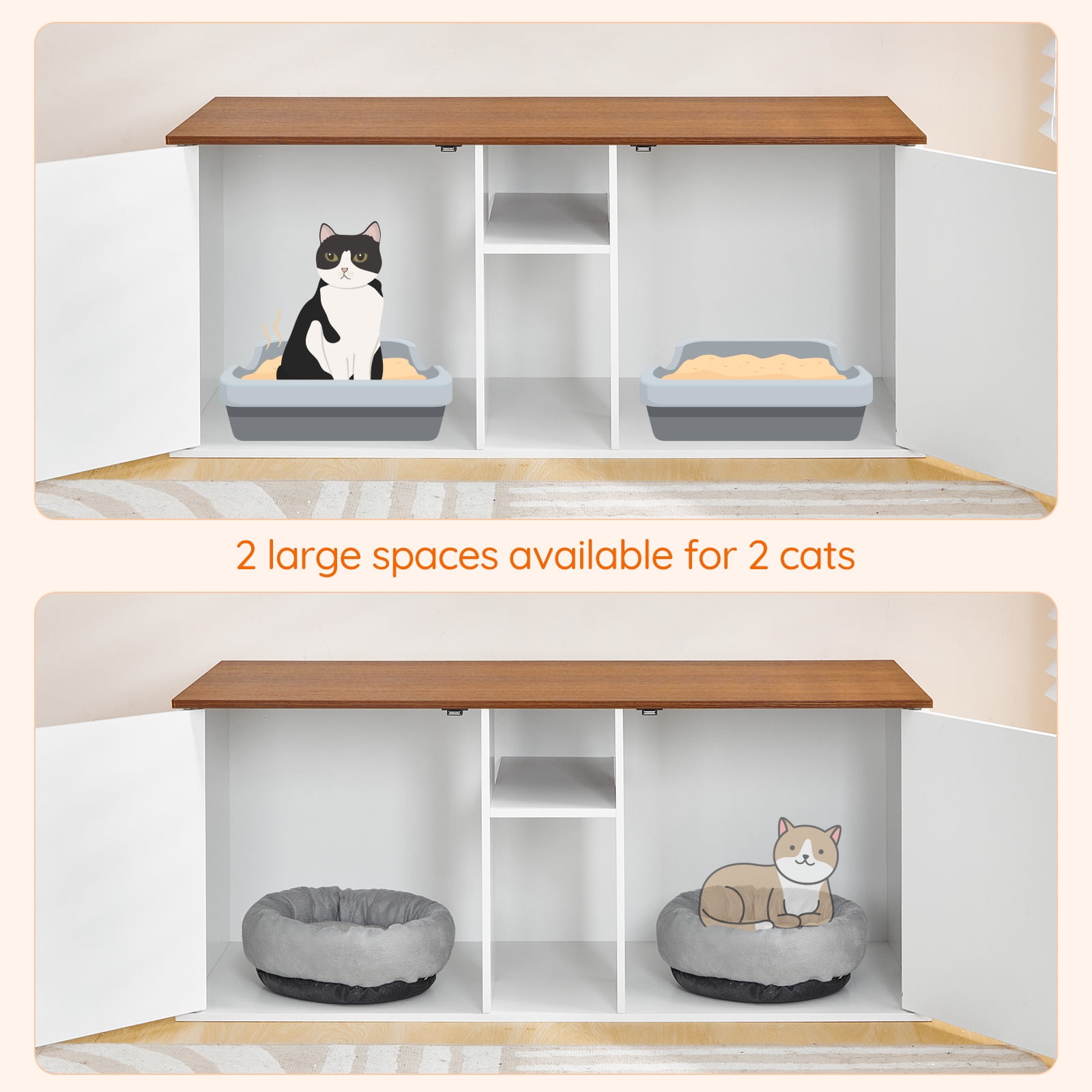 HOOBRO Double Cat Litter Box Enclosure with Middle Storage Shelf, Dual Hidden Litter Box Furniture, Unique Patterned Litter Box Cabinet, White and Walnut WH25MW01