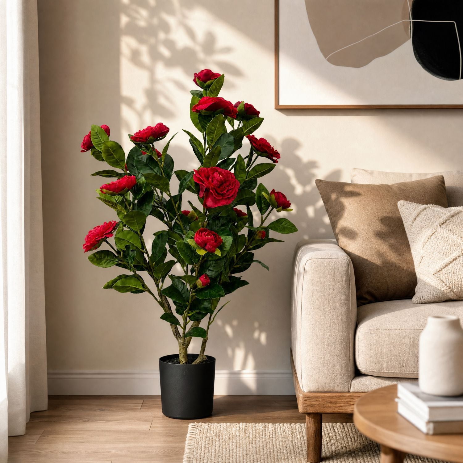 Easy4Home 2.6FT Artificial Flower Plant Fake Camellia Tree Potted Indoor, Red
