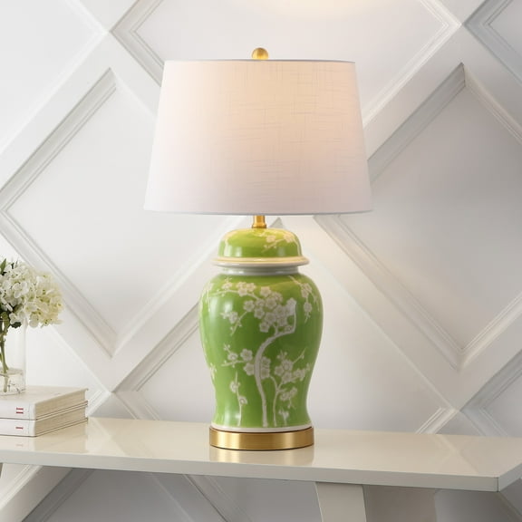JONATHAN Y Gracie 29.5" Traditional Cottage Ceramic/Metal Ginger Jar LED Table Lamp, Green/White, JYL3047B