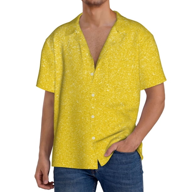 Balery Yellow Glitter Camisa Casual de Manga Corta con Botones para Hombre, Texturizada, Estilo Cubano, para Playa, Verano-Medium