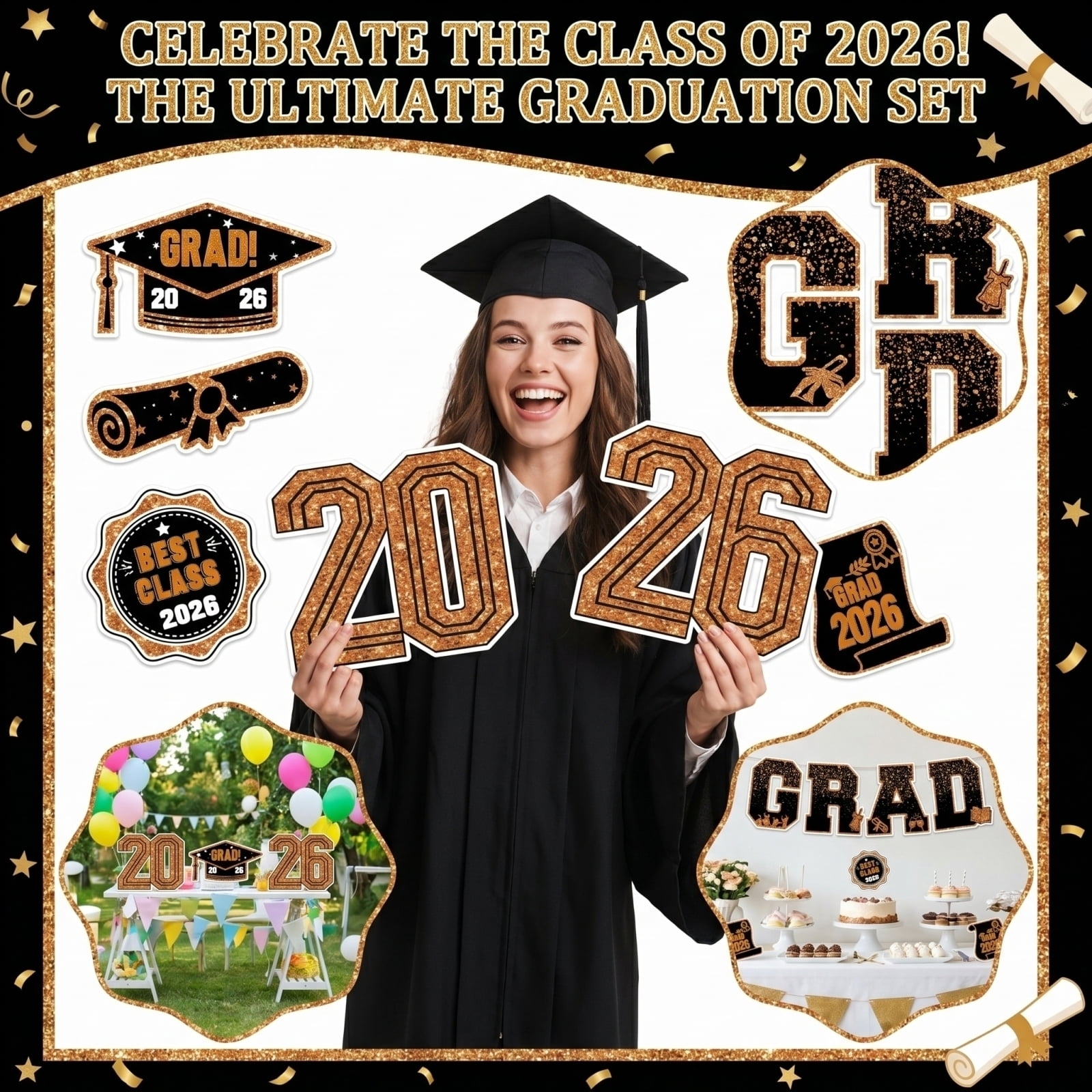 2026 Graduation Party Decorations, Graduation Yard Sign, Black Glitter, Letter Decor, Grad Cap Decorations, 10 Set, Outdoor Celebration Display