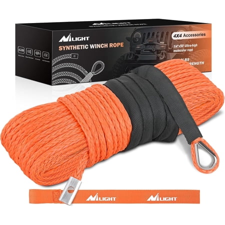 Nilight 1/4 x 50 ft Synthetic Winch Rope 9 000 LBS Winch Line Cable with Black Protective Sleeve Winch Line Ropes for ATV Winch with Synthetic Rope UTV Trailer Jeep Quad Polaris Winch Cable Orange