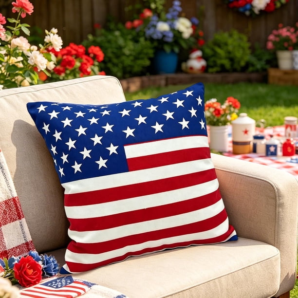 Funda de Cojín Patriótica con Diseño de Bandera de Lazo y Estrella – Funda de Almohada Lumbar Decorativa para El Día de La Independencia, Decoración Del Hogar, Sofá, Cama y Uso En Exteriores.