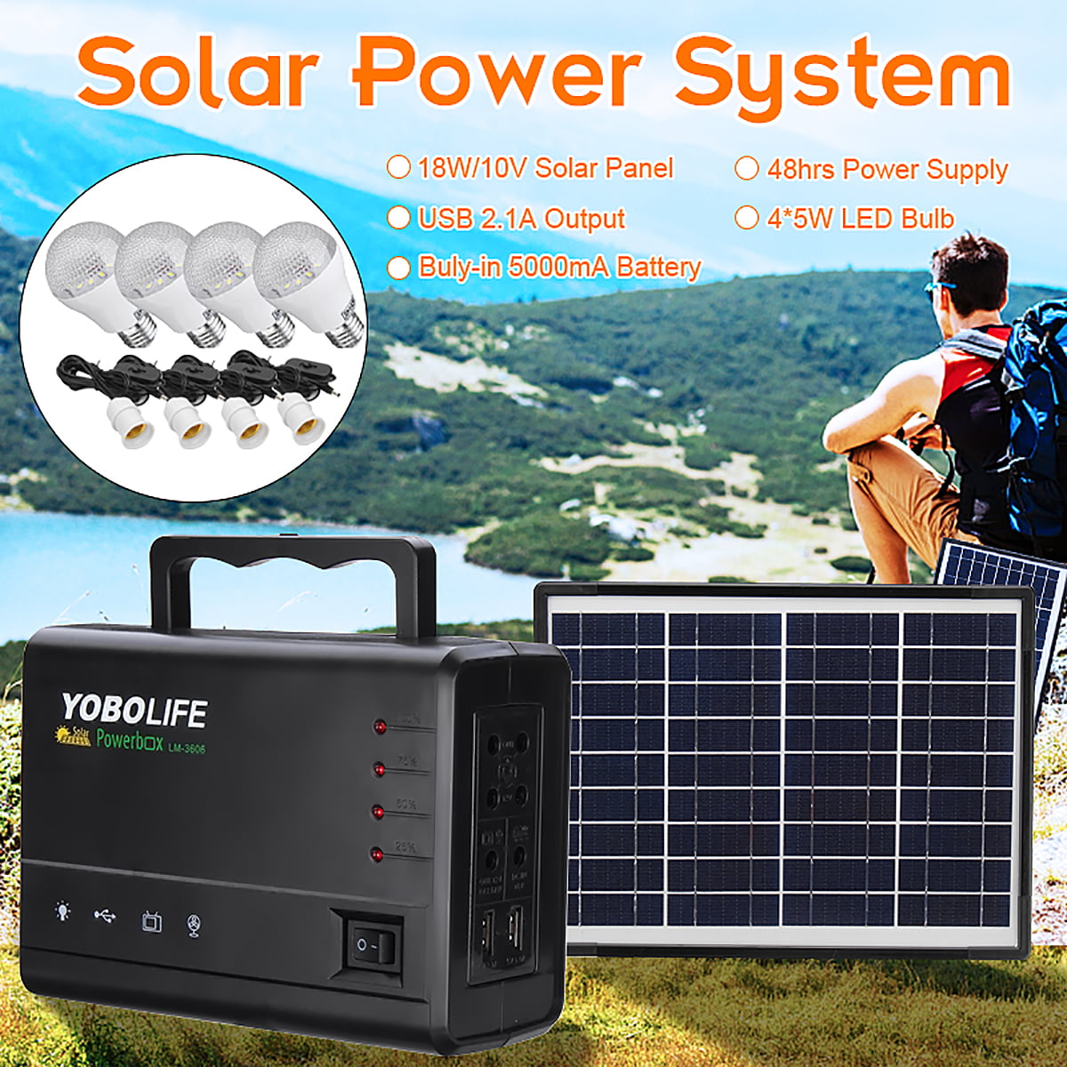 Portable Solar Panel Power Generator LED Light Bulb USB Charger House System Kit