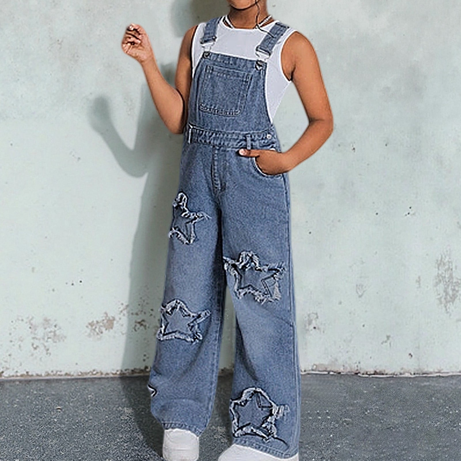 Kiijoy Girl Denim Overalls Wide Leg Jean Jumpsuit Dungarees with