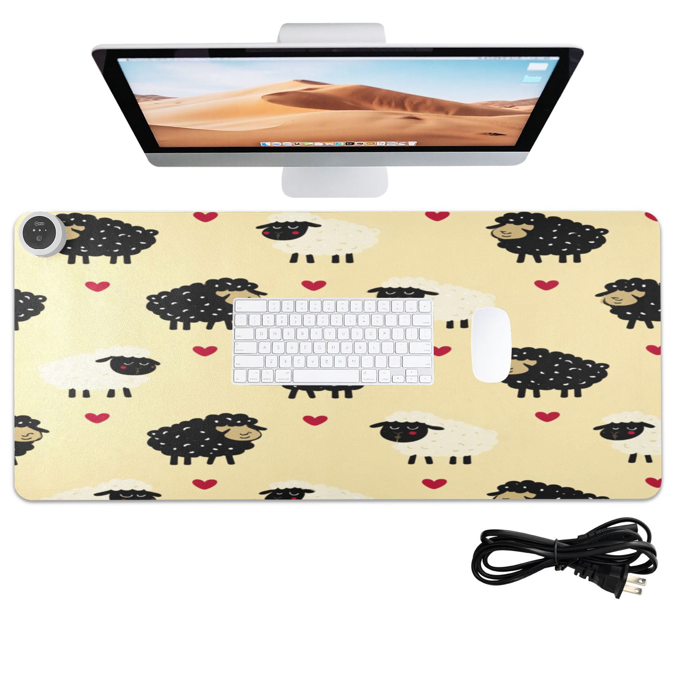 Large Heated Desk Mat Mouse Pad 31.5"x13"PU Leather Graphene Heating Desk Warmer with 3 Temperature Settings 110V US Plug Non-Slip Warm Pad for Home, Office, and Gaming Cute Sheep Heart Pattern