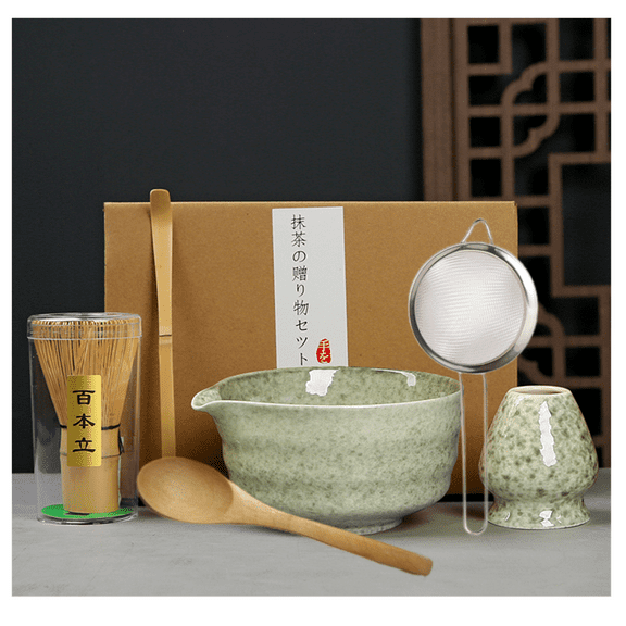 Naisfei Matcha Set,6 Pcs Matcha Whisk Set, Matcha Bowl with Spout, Matcha Whisk and Holder, Bamboo Matcha Scoop and Stainless Sifter Jade Green Matcha Kit for Matcha Lover