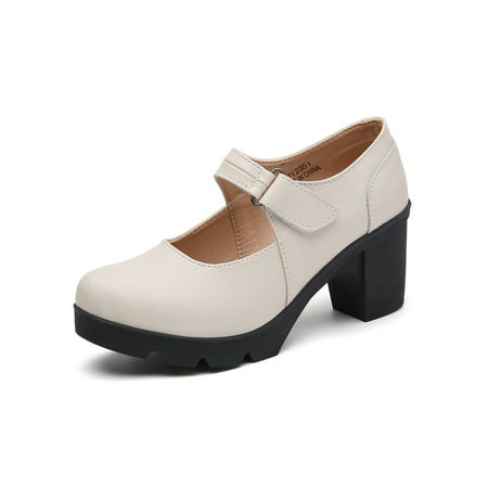 

Daeful Women s Mary Janes Pump Comfort Block Heel Dress Shoes Beige 4.5