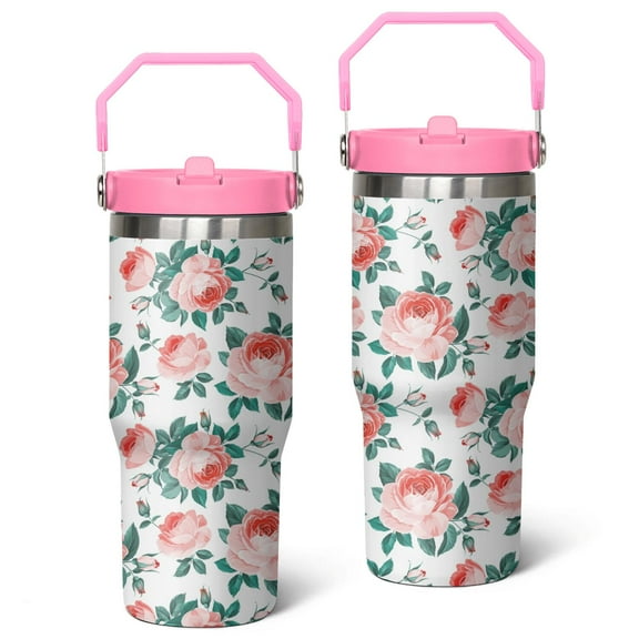 30oz Rose Repeat Stainless Steel Tumbler with Top Handle,Pioneer Travel Coffee Mug Flip Straw Cup,Gifts for Women Girls Men Adults（pink）