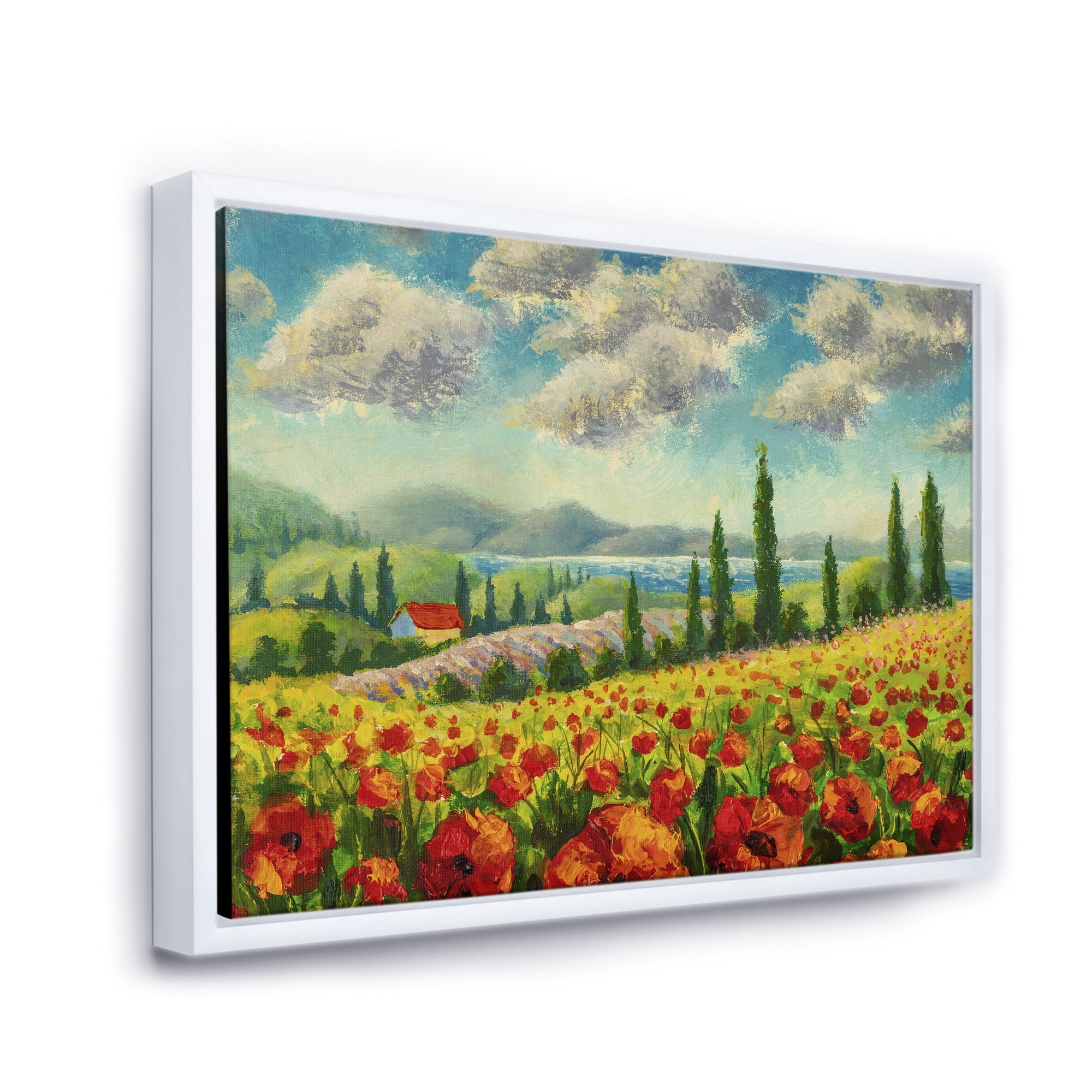 Designart 'Beautiful Landscape With Poppies Flowers By Riverside' Traditional Framed Canvas Wall Art Print