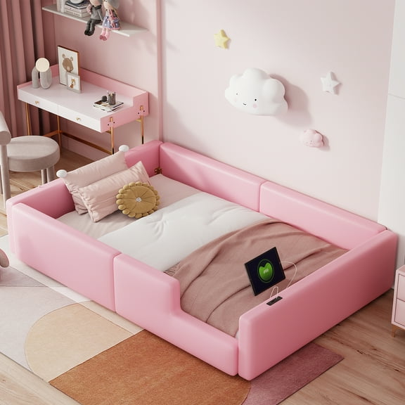 Harper & Bright Designs Twin Size Floor Platform Bed with Full-Length Guardrail, Upholstered Wooden Bedfram with Charging Station, Pink