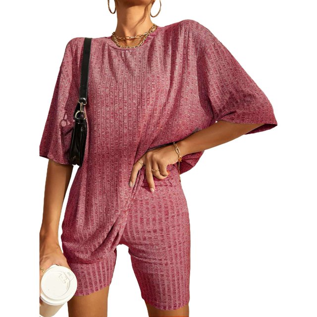 Mujeres Top Pantalones cortos pijamas set redondo Masajeadores de cuello color puro alta elasticidad 2 unidades verano loungewear rojo XXL