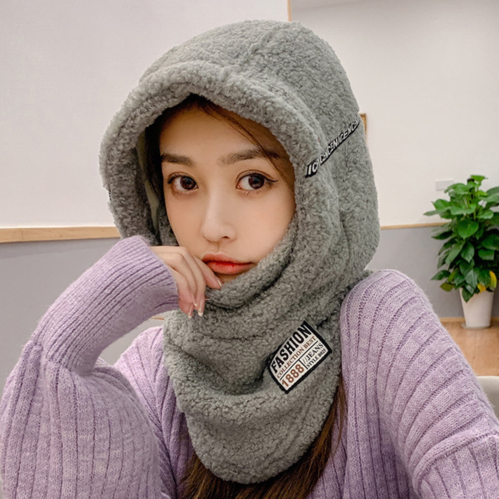 Hesroicy Letter Stitch Print Solid Color Thickened Ear Scarf