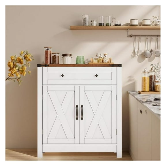 30" Coffee Bar Station, Kitchen Sideboard Buffet Cabinet with a Drawer and Adjustable Shelf, Modern Farmhouse Storage Cabinet for Kitchen, Living Room, Entryway, White