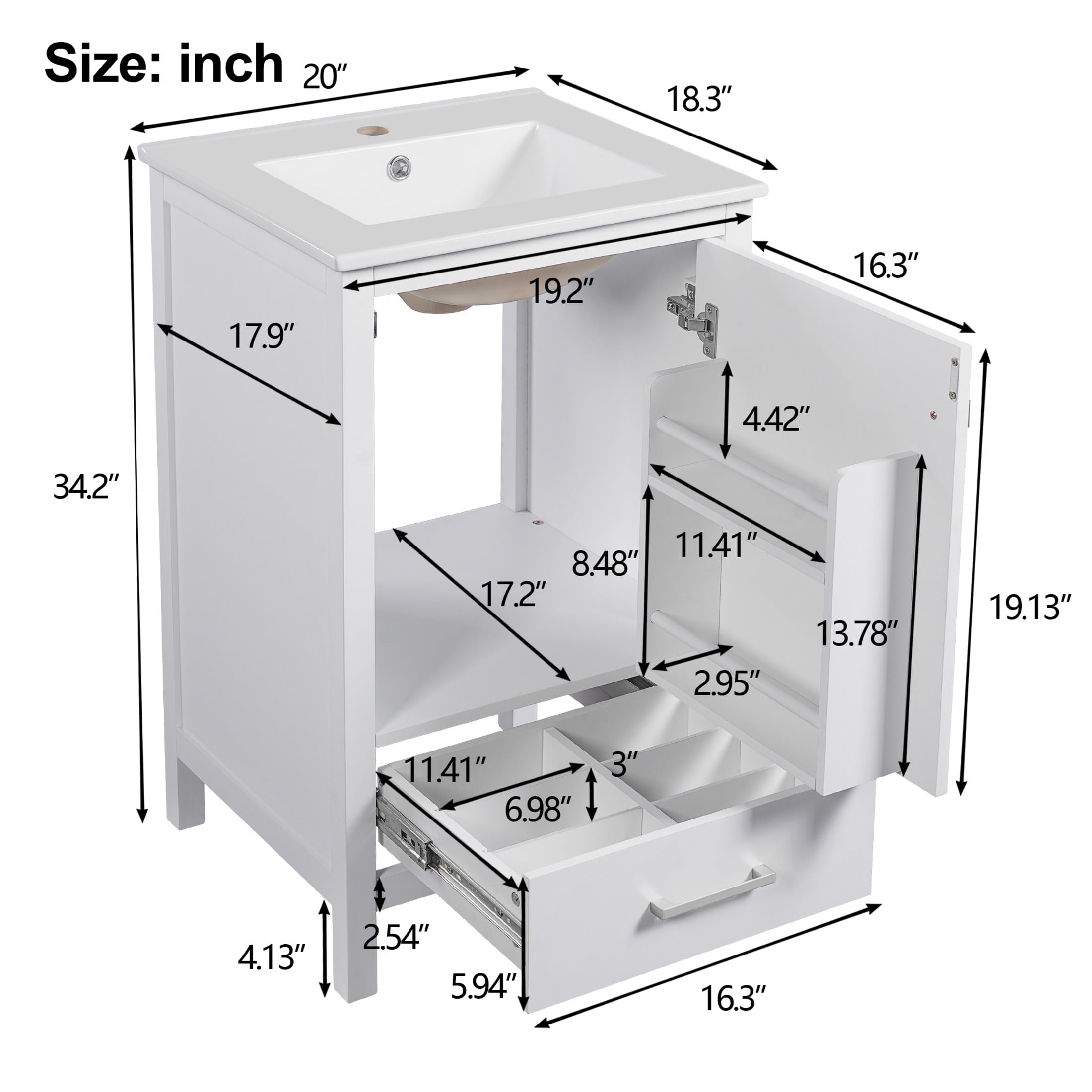 Noble House 20" Modern Bathroom Vanity with Ceramic Sink, Soft Close Drawer & Door, Divider Drawer, White
