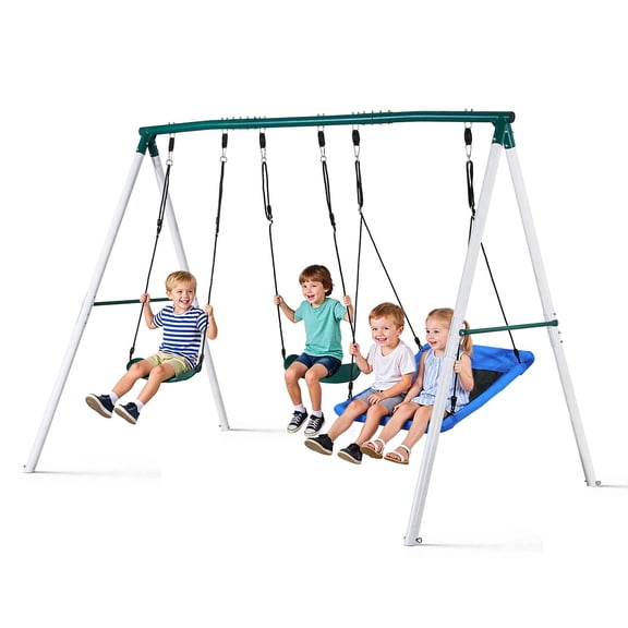 VEVOR Swing Set for Backyard, 45 x 30 in Swing Seat and Two Belt Seats, with Heavy Duty A-Frame Metal Stand, 700 lbs Load Capacity, Reinforced with Spiral Ground Anchors, Swingset Outdoor for Kids