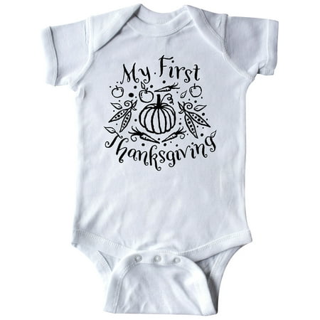 

Inktastic My 1st Thanksgiving with Pumpkin and Vegetables in Black Gift Baby Boy or Baby Girl Bodysuit