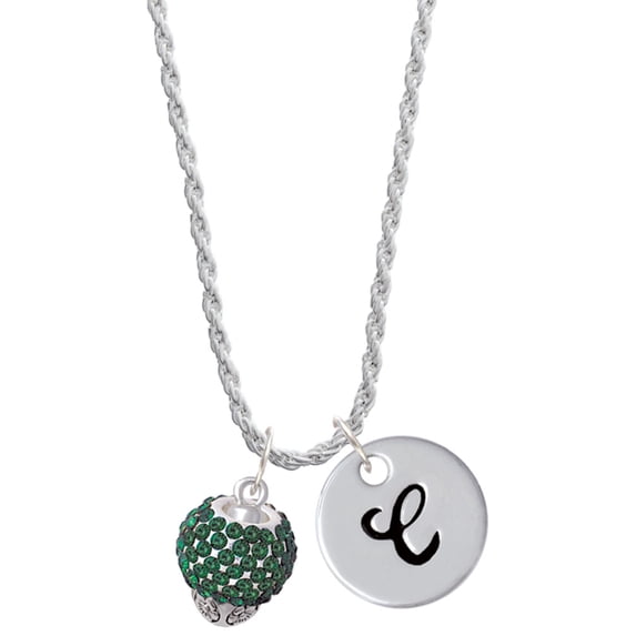 Delight Jewelry Silvertone Green Crystal Sparkle Spinner Silvertone Script Initial Disc - C - Charm Necklace, 20"+3"