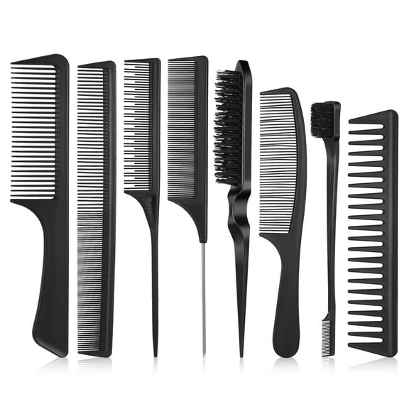 GYDEK 8Pcs Hair Styling Combs Set, Include Bristle Hair Brush, Grooming Comb, Sturdy Rat Tail Comb, for Women Girls Kids and Hair Stylists, Black