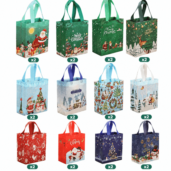 24 Pack Christmas Gift Bags,12 Designs Reusable Waterproof Non-Woven Christmas Tote Bags with Handles for Xmas Gift Wrap,Party Favor Supplies