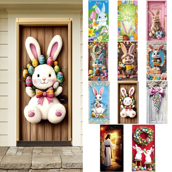 KOYPTL Easter Door Cover for Front Door, Cute Easter Bunny Egg Wreath Pattern for Front Door, Welcome Door Porch Sign Banner for Spring Holiday Party Easter Decorations Indoor, 35.4x70.8 inch, E