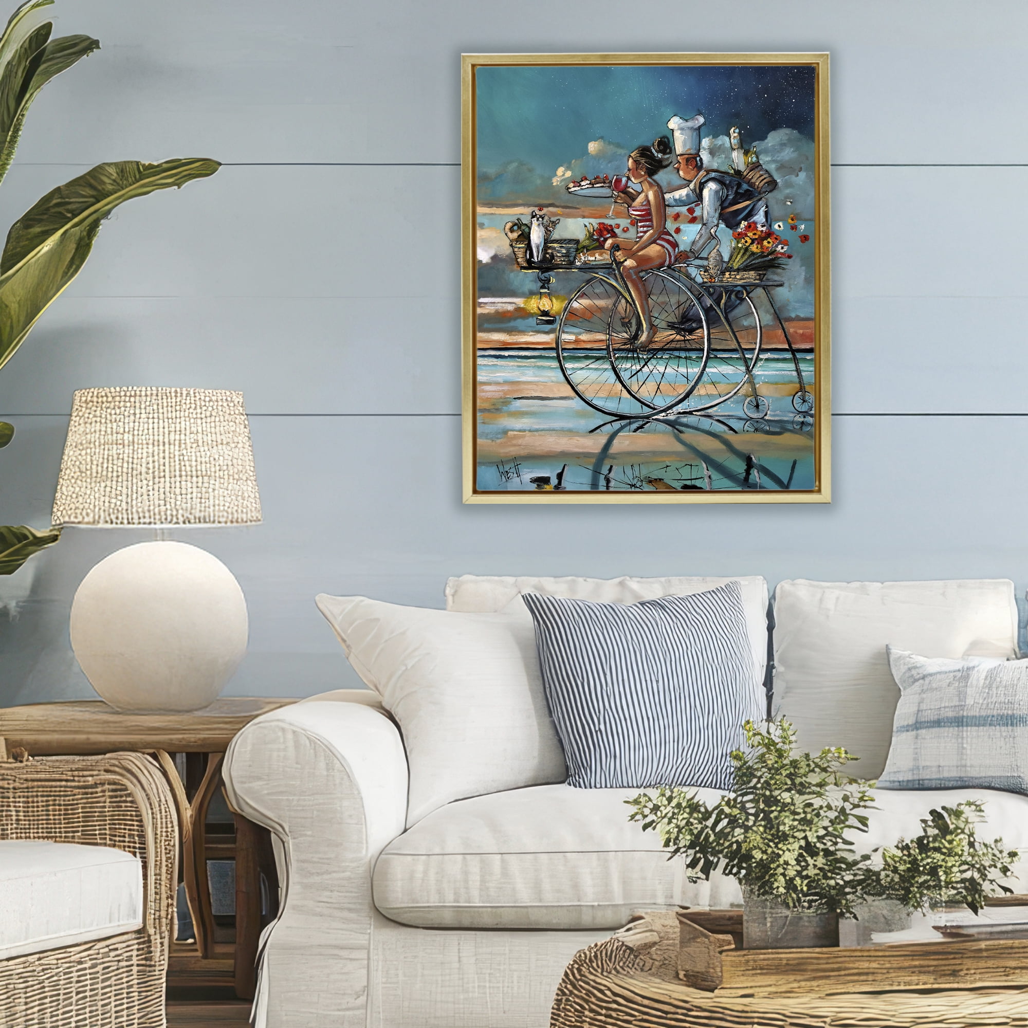 Stupell Industries Zaan's Dream Seaside Bicycle Ride Gold Framed Floater Canvas Wall Art, design by Ronald West