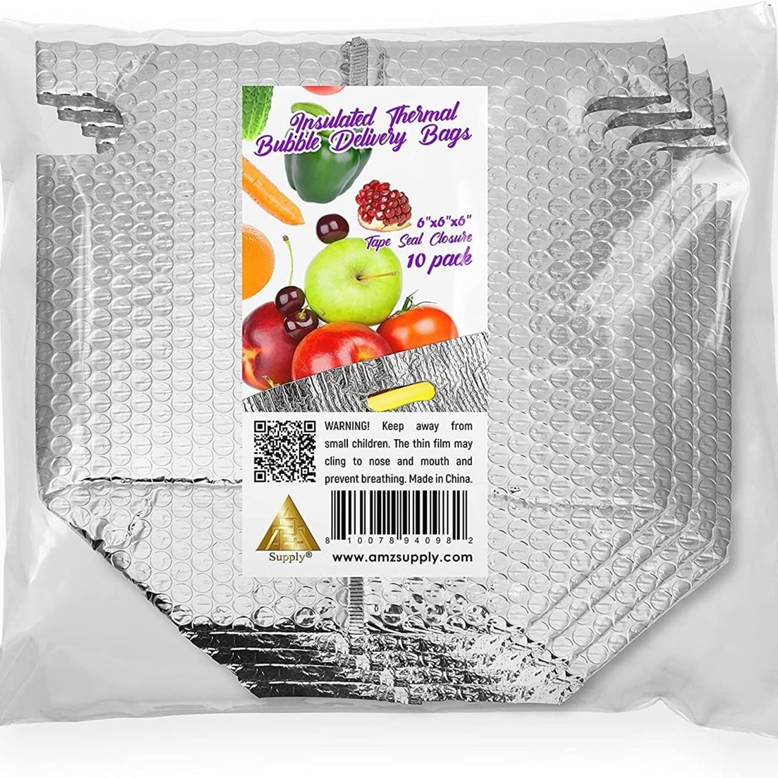 10 Pack Silver Bubble Thermal Bags 6" x 6" x 6" /w Hand Hole
