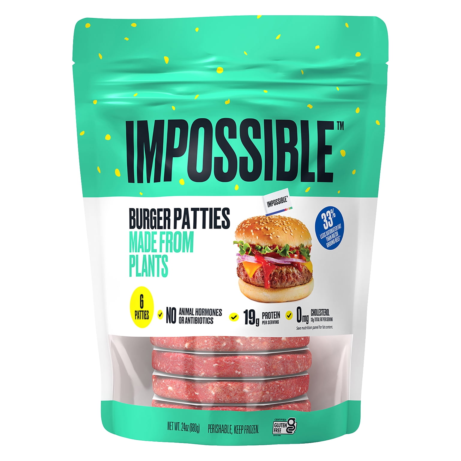Impossible Foods Plant Based Frozen Burger Patties, 6 Count, 24oz