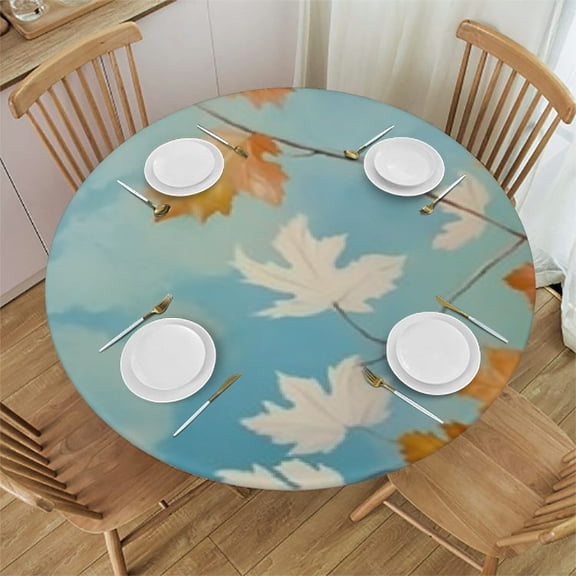 HAOXIT Fall Round Tablecloth with Elastic Edge,Autumn Thanksgiving Fitted Table Cloth Waterproof Wipeable Round Table Cover for Dining Kitchen Party Indoor Outdoor Patio Table 31-35