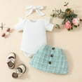 thumbnail image 3 of LAPAKIDS Newborn Baby Girl Summer Clothes 3-6 Months Ruffled Short Sleeve Rompers Tops Plaid Button Skirt Headhand 3Pcs Outfits, 3 of 7