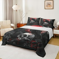 Castle Fairy Teens Crow Skull 4 Pieces Queen Sheet Sets,Black Red Ultra Soft Flat Sheet,Gothic Style Queen Fitted Sheet,Breathable Home Decor