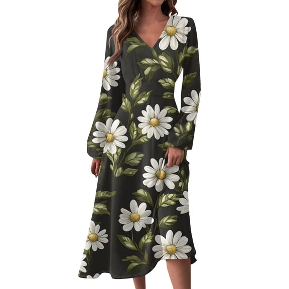 Women's Autumn Winter Casual Fashion V-Neck Long-sleeved Floral Print Long Dress, Army Green, Size L