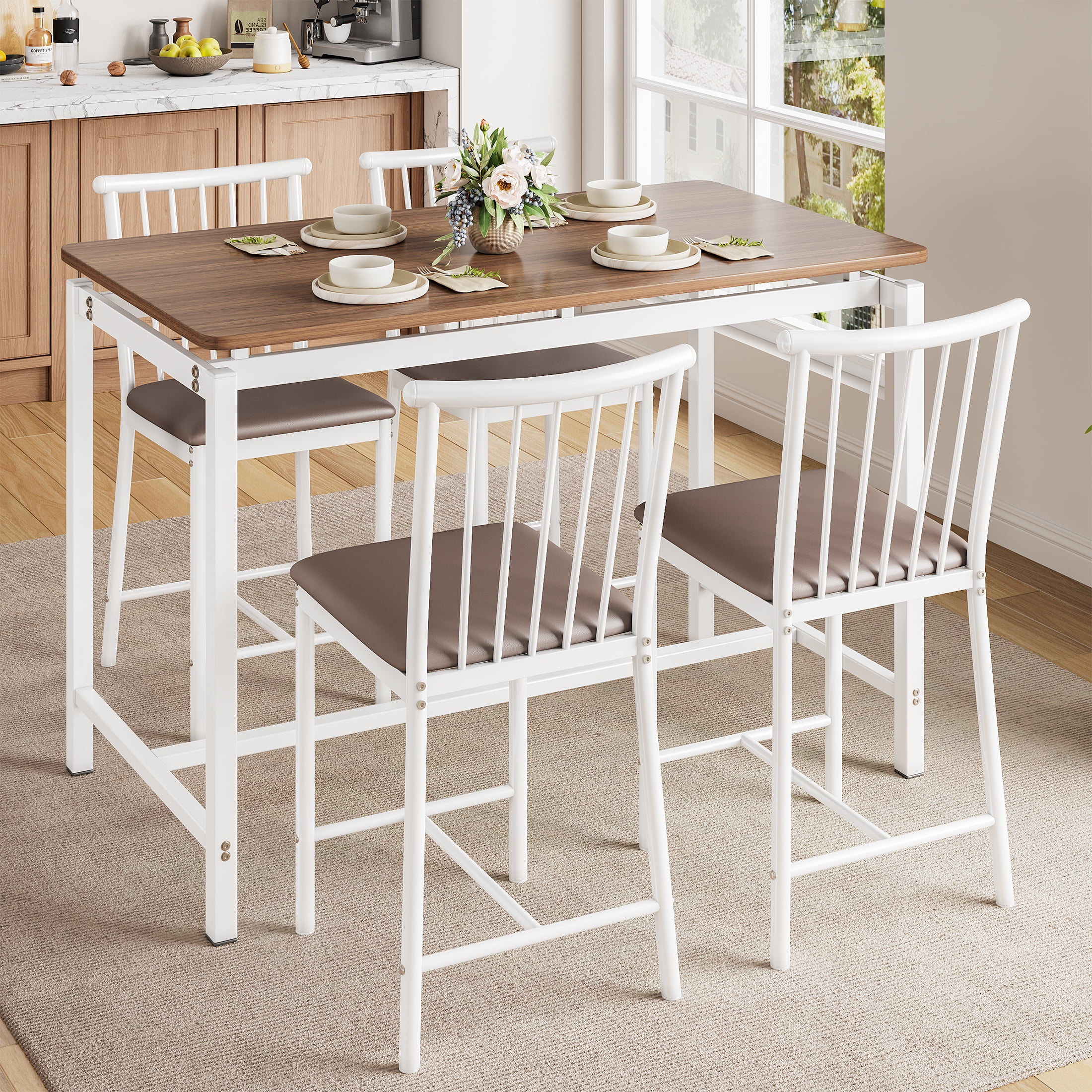 PORKISS Counter Height Dining Set for 4, Breakfast Bar Table Set with Table and 4 Leather Cushion Chairs, Wood Top Pub Table & Chair Set for Kitchen Apartment Bistro, Brown+White