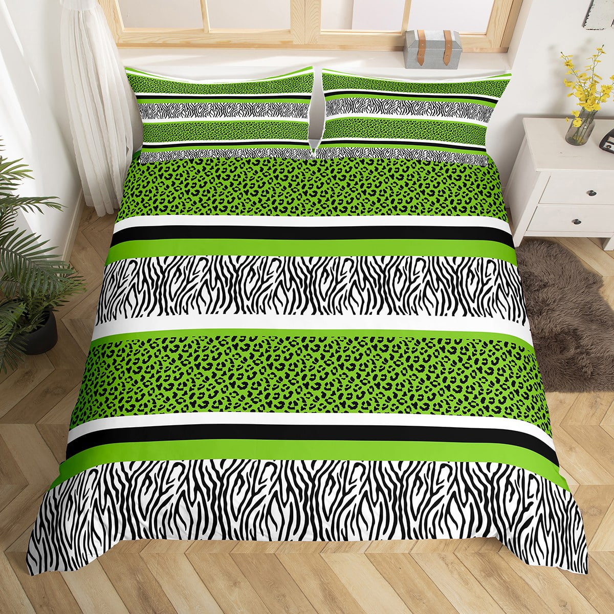 YST Green Wild Animal Print Comforter Cover Twin Zebra Cheetah Bedding Set Afric Wild Leopard