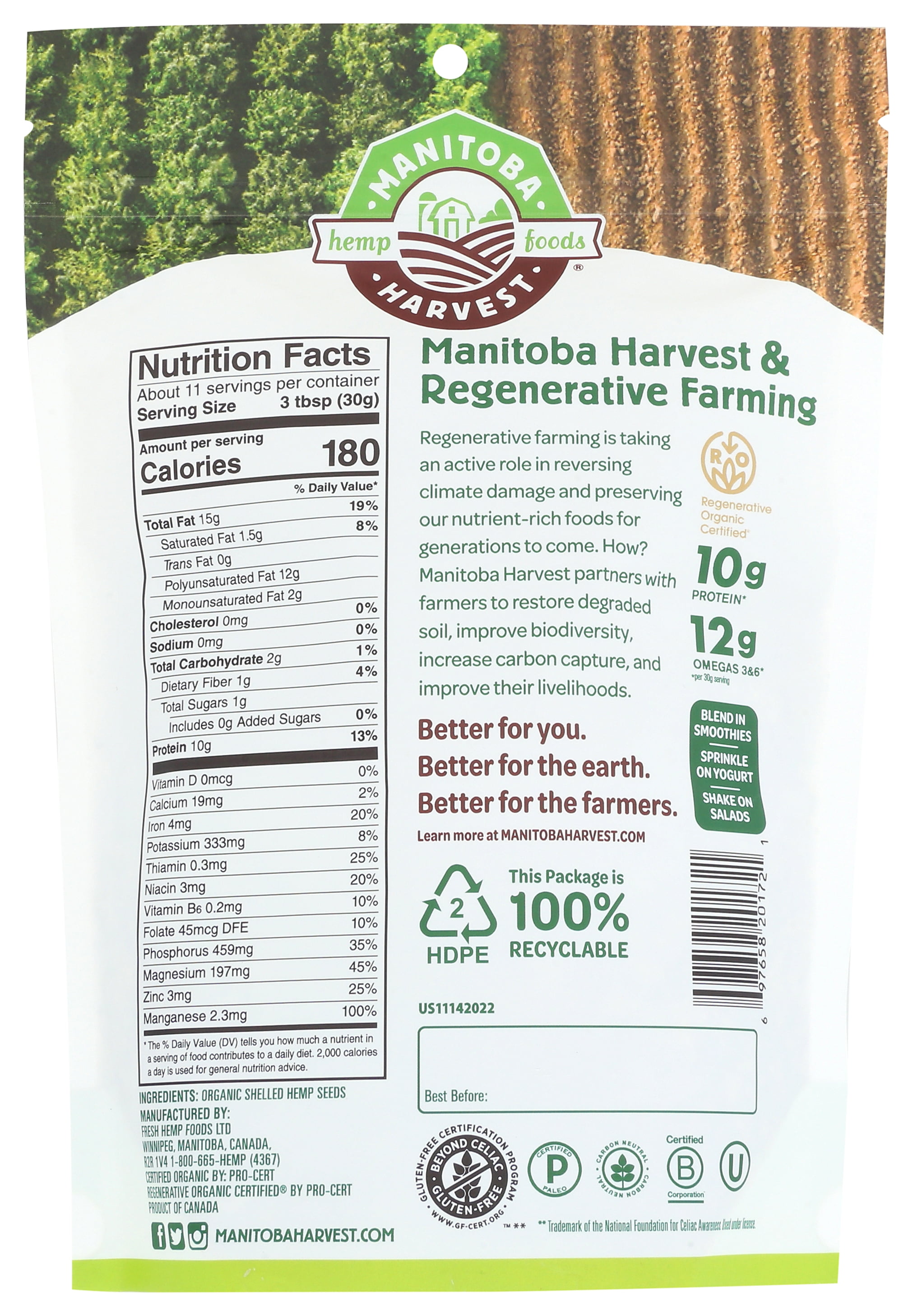 Manitoba Harvest Regenerative Organic Hemp Hearts, 12 oz