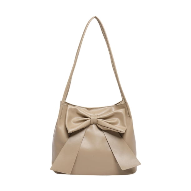 Bolso de hombro para mujer de piel sintética, informal, portátil, con lazo decorativo, moderno Caqui