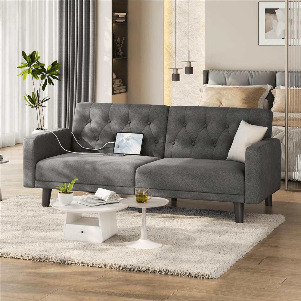 Renwick 63in Convertible Futon Sofa Bed with USB Ports for Living Room, Dark Gray
