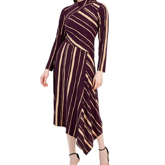 Taylor Womens Printed Asymmetrical Hem Midi Dress, Purple, 10