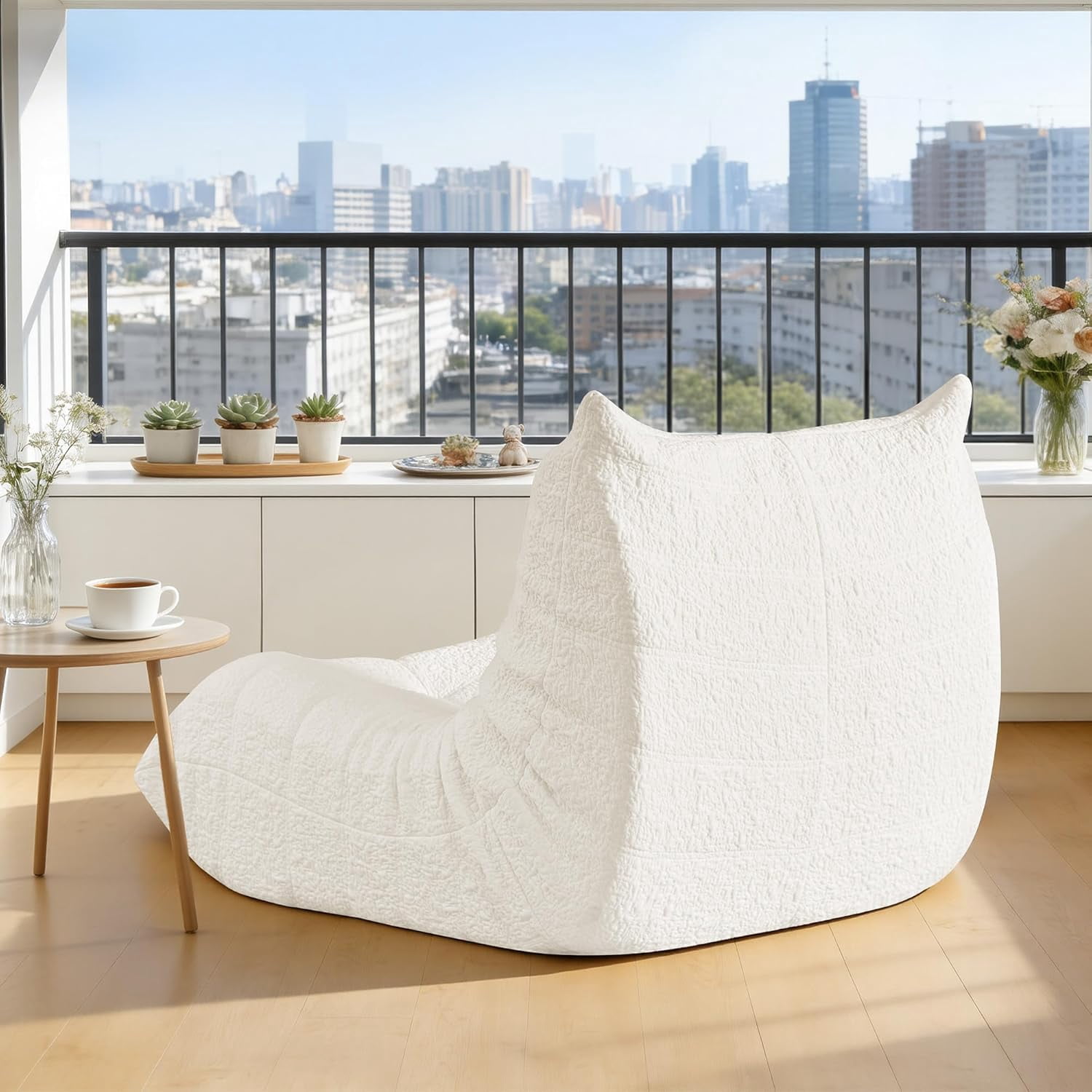 Bean Bag Chair for Adults - Large Bean Bag with Lumbar Pillow, Oversized Chenille Boneless Chair with High-Rebound Memory Foam, Lazy Floor Sofa for Reading, Gaming, Living Room, Bedroom, White