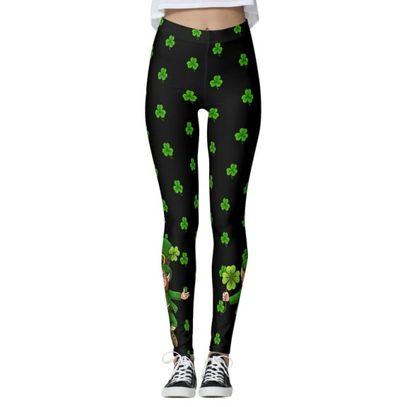 Arlun Patrick's Day Leggings for Women Elastic High Waisted Tummy Control Printed Slim Tights Pants Shamrock Irish Clover Soft Comfortable Yoga Sports Casual Pants Black3 XL